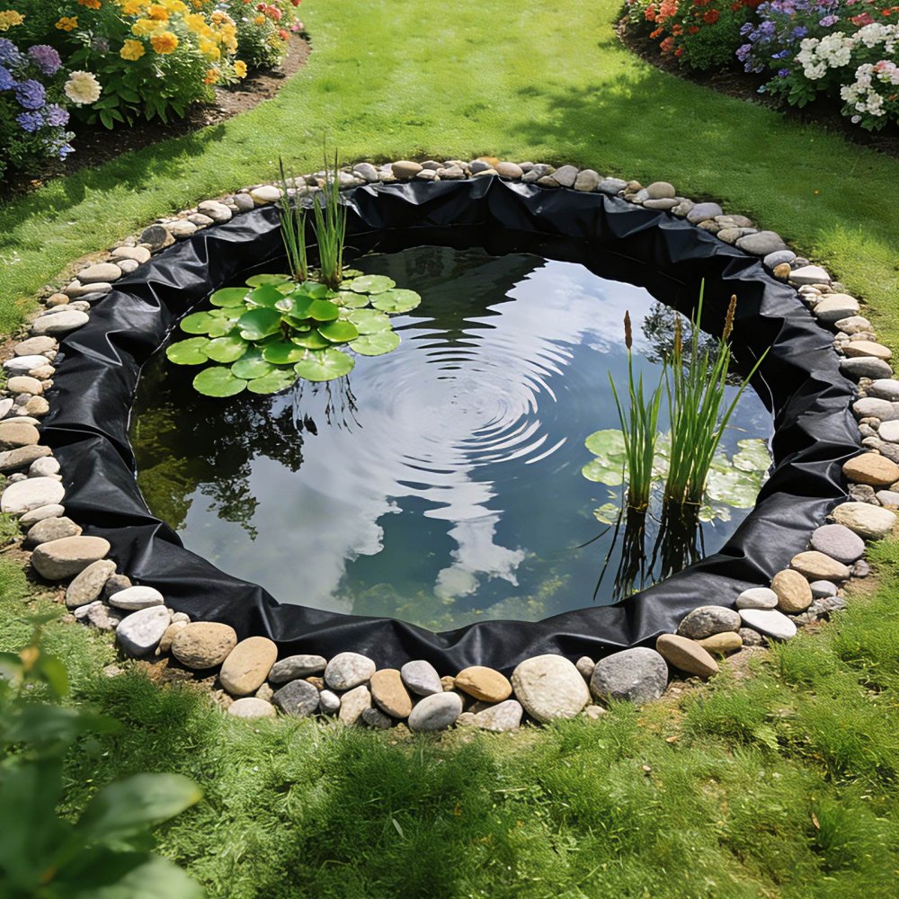 VEVOR 15 x 20 ft Pond Liner, 14 Mil Thickness, 3-Layer Reinforced PE Fish Koi Pond Liner for Outdoor Ponds, with Hemmed Edge and 4 Metal Buttonholes, for Water Garden, Waterfall, and Fountains, Black
