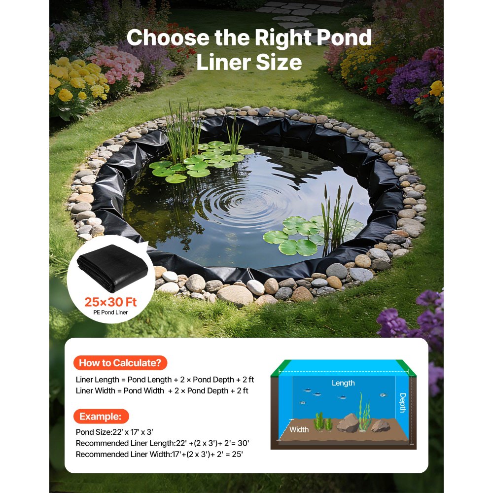 VEVOR 25 x 30 ft Pond Liner, 14 Mil Thickness, 3-Layer Reinforced PE Fish Koi Pond Liner for Outdoor Ponds, with Hemmed Edge and 4 Metal Buttonholes, for Water Garden, Waterfall, and Fountains, Black