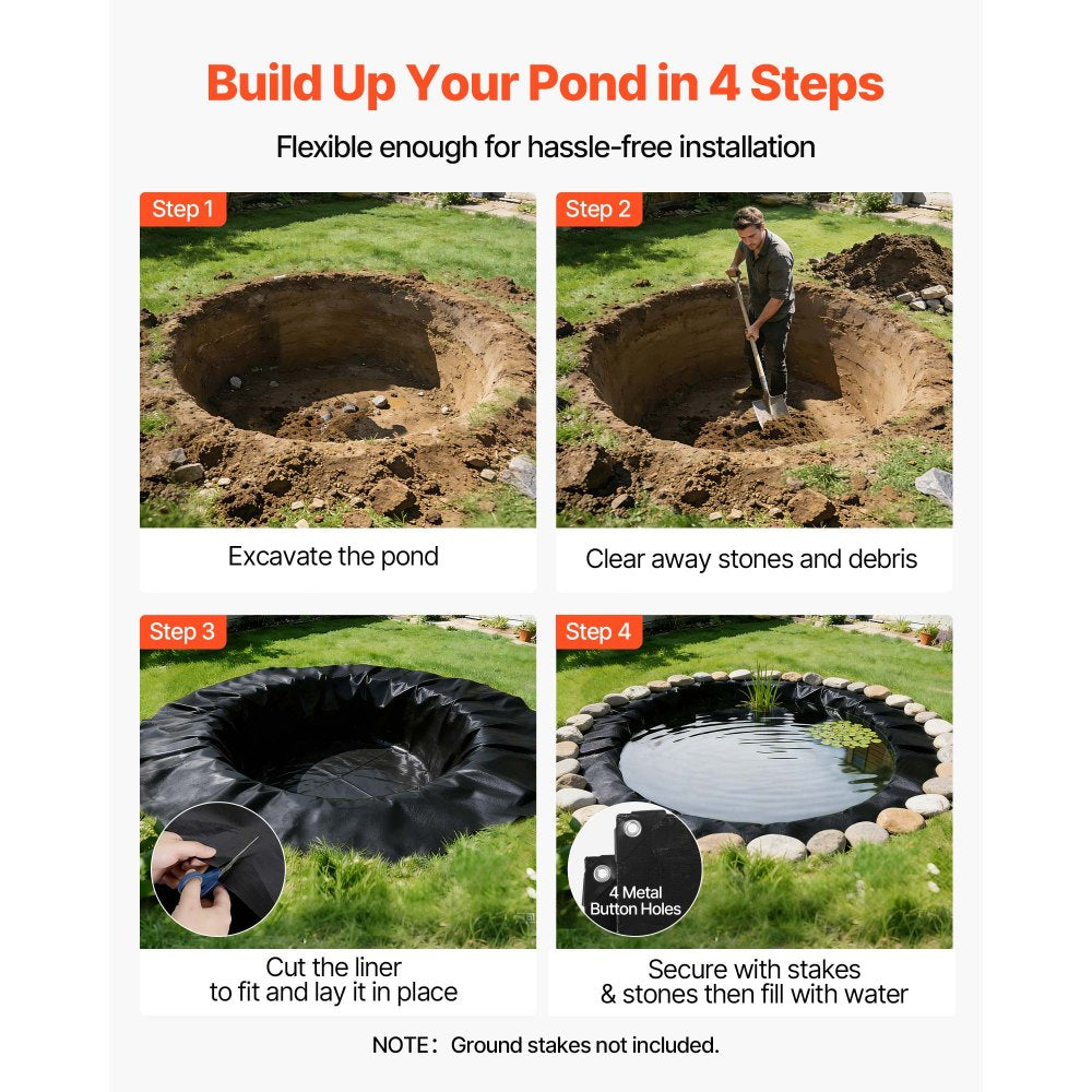 VEVOR 25 x 30 ft Pond Liner, 14 Mil Thickness, 3-Layer Reinforced PE Fish Koi Pond Liner for Outdoor Ponds, with Hemmed Edge and 4 Metal Buttonholes, for Water Garden, Waterfall, and Fountains, Black