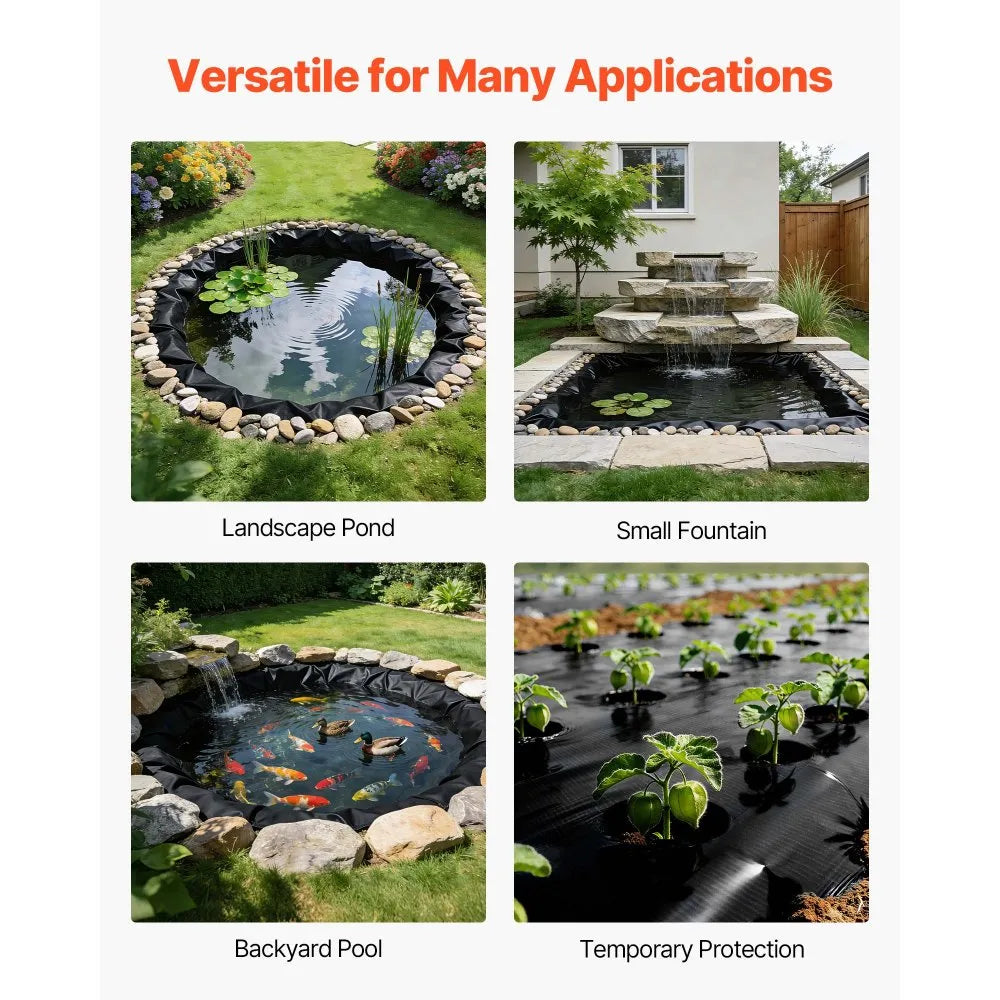 VEVOR 25 x 30 ft Pond Liner, 14 Mil Thickness, 3-Layer Reinforced PE Fish Koi Pond Liner for Outdoor Ponds, with Hemmed Edge and 4 Metal Buttonholes, for Water Garden, Waterfall, and Fountains, Black