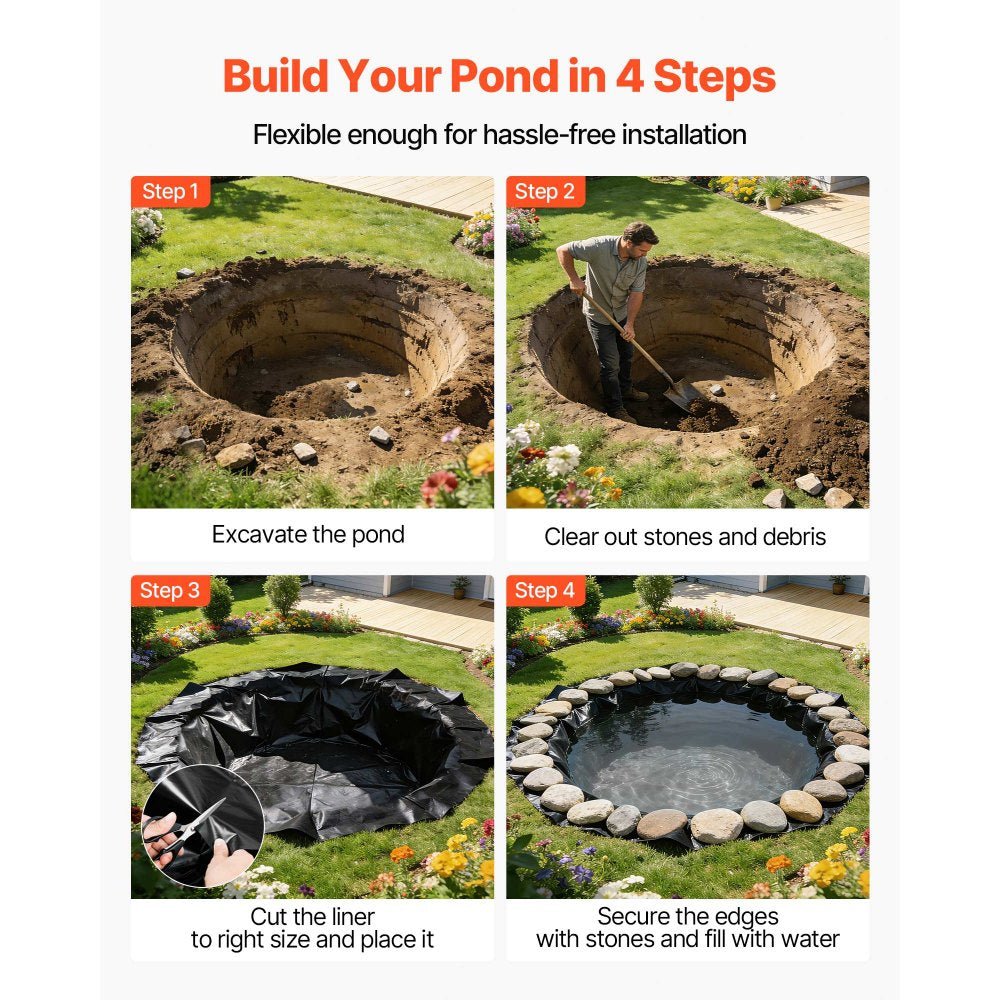 VEVOR 8 x 10 ft Pond Liner, 45 Mil Thickness, EPDM Rubber Material Fish Pond Liner for Outdoor Ponds, Easy to Cut, Durable & Leakproof, for Water Garden, Waterfall, Fishpond, Koi, Fountains, Black