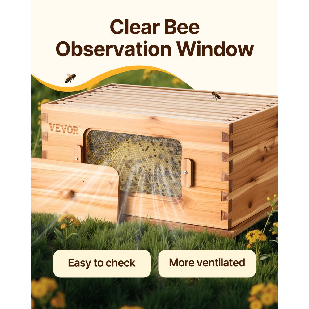 VEVOR Bee Hive Deep Box Starter Kit, 100% Beeswax Coated Natural Fir Wood, Langstroth Beehive Kit with 10 Frames and Foundations, Transparent Acrylic Bee Windows for Beginners and Pro Beekeepers