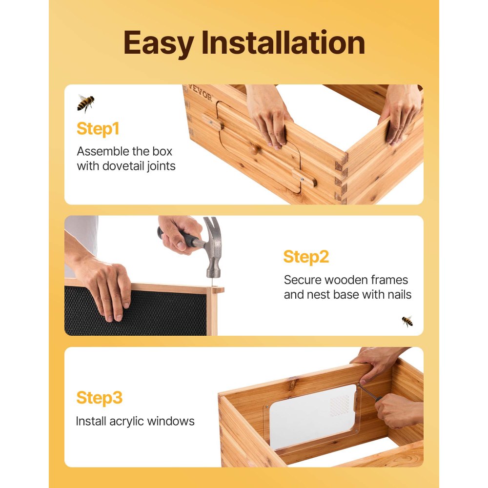 VEVOR Bee Hive Deep Box Starter Kit, 100% Beeswax Coated Natural Fir Wood, Langstroth Beehive Kit with 10 Frames and Foundations, Transparent Acrylic Bee Windows for Beginners and Pro Beekeepers