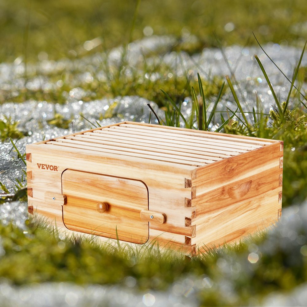 VEVOR Bee Hive Deep Box Starter Kit, 100% Beeswax Coated Natural Fir Wood, Langstroth Beehive Kit with 10 Frames and Foundations, Transparent Acrylic Bee Windows for Beginners and Pro Beekeepers