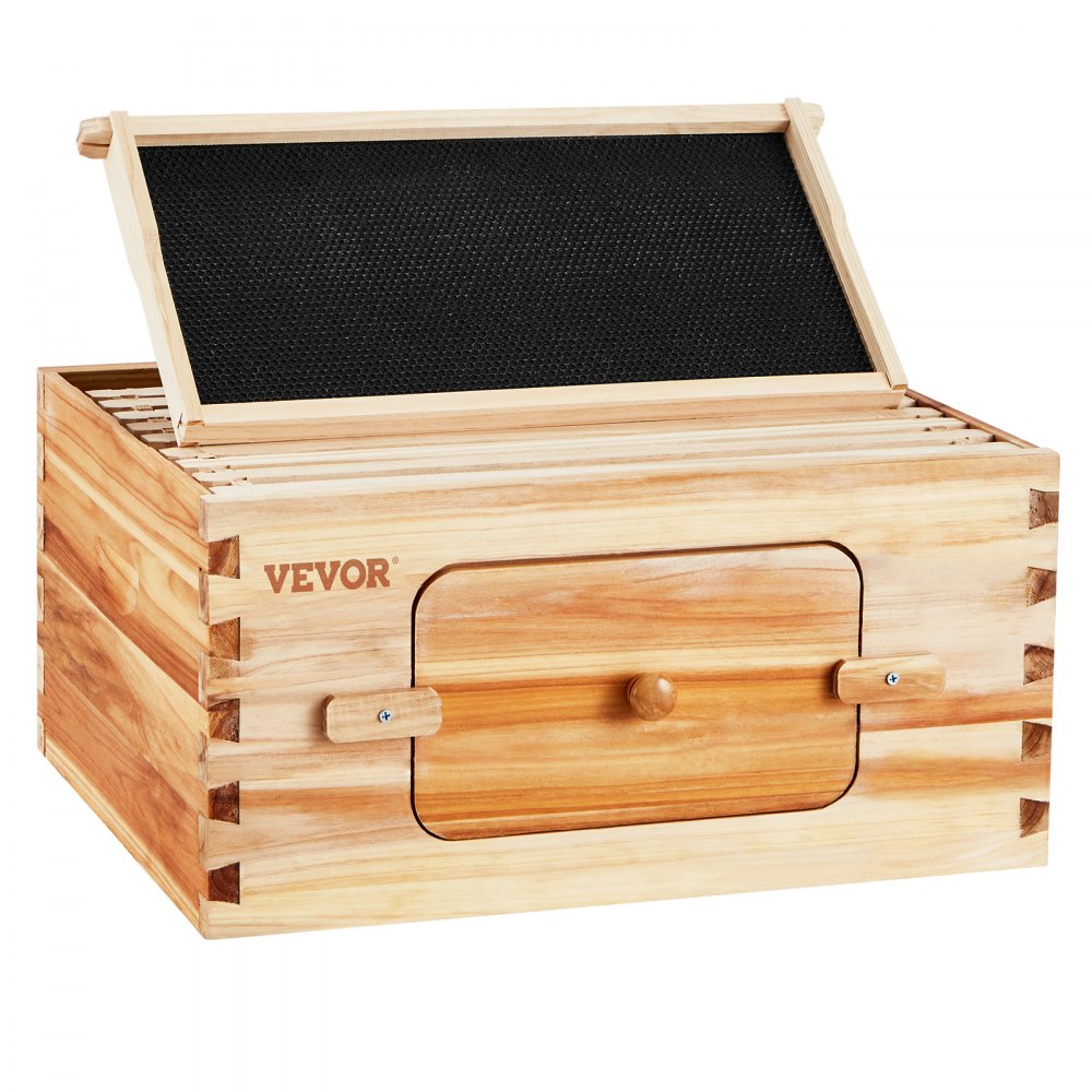 VEVOR Bee Hive Deep Box Starter Kit, 100% Beeswax Coated Natural Fir Wood, Langstroth Beehive Kit with 10 Frames and Foundations, Transparent Acrylic Bee Windows for Beginners and Pro Beekeepers
