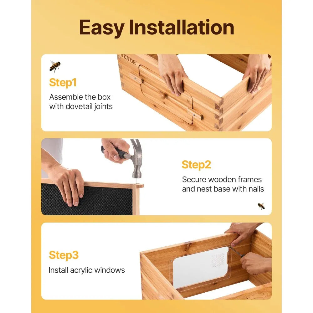 VEVOR Bee Hive 20 Frame Bee Hives Starter Kit, Beeswax Coated Fir Wood, 1 Deep + 1 Medium Bee Boxes Langstroth Beehive Kit, Transparent Acrylic Windows with Foundations for Beginners Pro Beekeepers