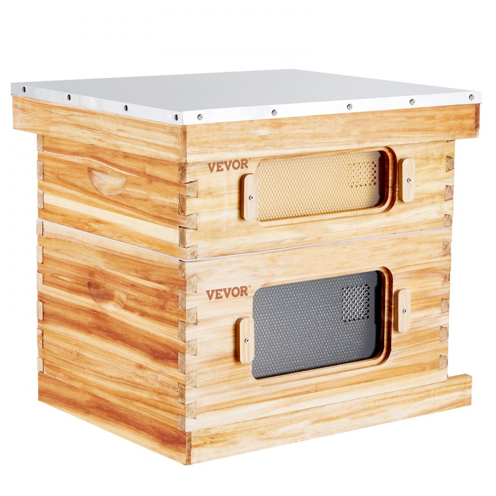 VEVOR Bee Hive 20 Frame Bee Hives Starter Kit, Beeswax Coated Fir Wood, 1 Deep + 1 Medium Bee Boxes Langstroth Beehive Kit, Transparent Acrylic Windows with Foundations for Beginners Pro Beekeepers