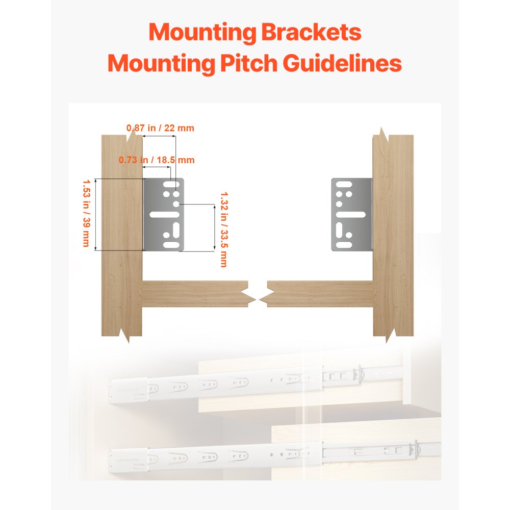 VEVOR Drawer Slides Brackets, 10 Pairs Drawer Rails for 100 LBS Side Mount Ball Bearing Rail, Heavy Duty Cabinet Drawer Bracket for Dresser Drawer Track Runners, Kitchen Replacement Part for DIY