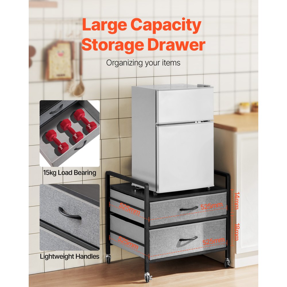 VEVOR Mini Fridge Stand with Storage, 176 lb-Capacity Mini Fridge Table with 2 Drawers & 4 Swivel Wheels, Mobile Mini Fridge Shelf, Gray Mini Fridge Organizer for Dorm, Apartment, Office, Bedroom