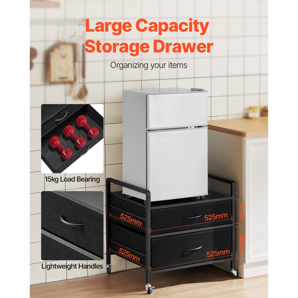 VEVOR Mini Fridge Stand with Storage, 176 lb-Capacity Mini Fridge Table with 2 Drawers & 4 Swivel Wheels, Mobile Mini Fridge Shelf, Black Mini Fridge Organizer for Dorm, Apartment, Office, Bedroom