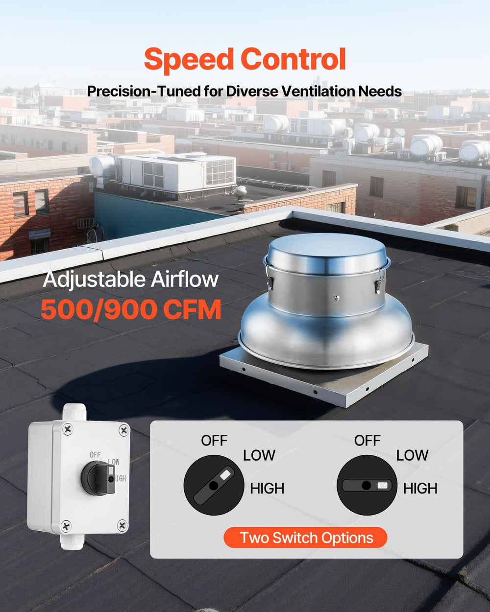 VEVOR Roof Exhaust Fan - speed control, adjustable airflow 500/900 CFM