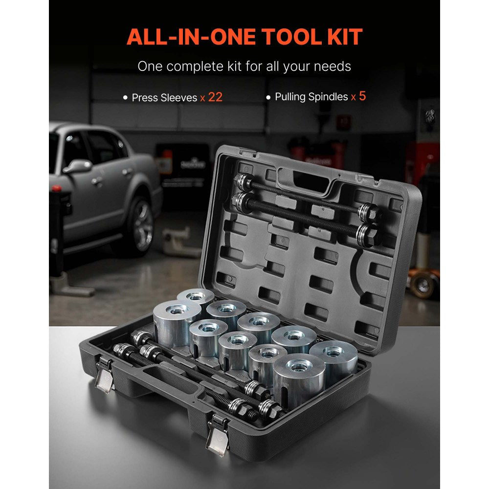 VEVOR Pull and Press Sleeve Kit, 27 PCS, Steel Bush Removal Insertion Sleeve Tools with Carrying Case, Compatible with LCV and HGV Engines, for Removing and Installing Bushings, Bearings, and Seals