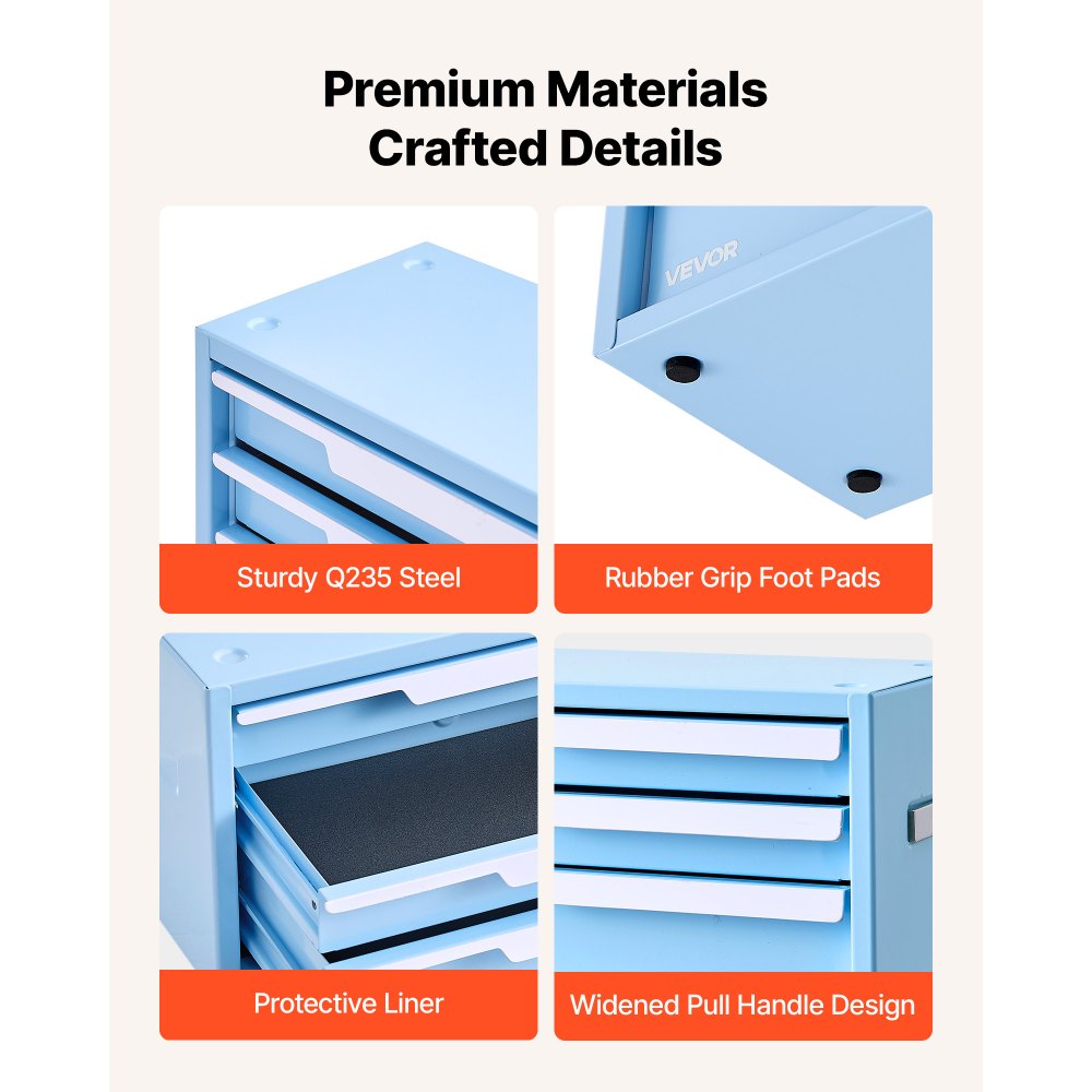VEVOR Steel Tool Box with 3 Drawers Portable Metal Toolbox Heavy Duty Blue, for Garage Workshop Repair Shop Workbench, Magnetic Design, Tool Chest Cabinet Storage Organizer, with Protective Liners