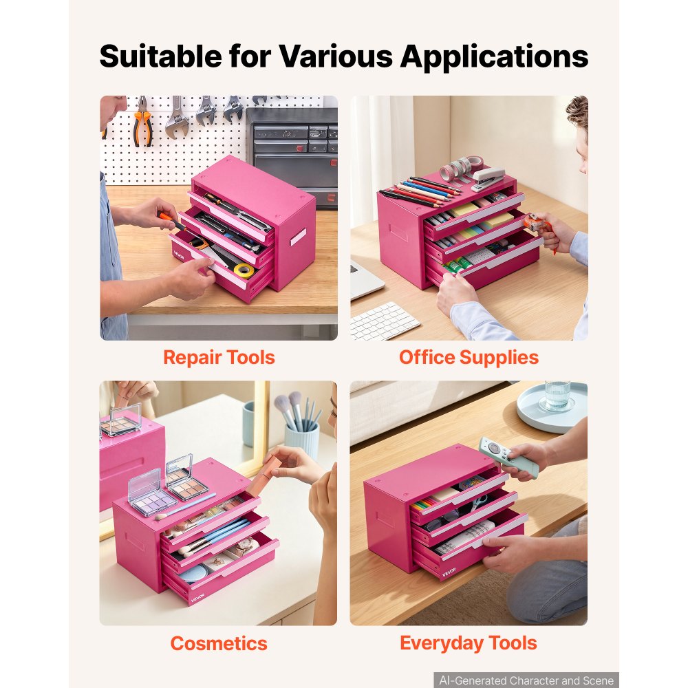 VEVOR Steel Tool Box with 3 Drawers Portable Metal Toolbox Heavy Duty Pink, for Garage Workshop Repair Shop Workbench, Magnetic Design, Tool Chest Cabinet Storage Organizer, with Protective Liners