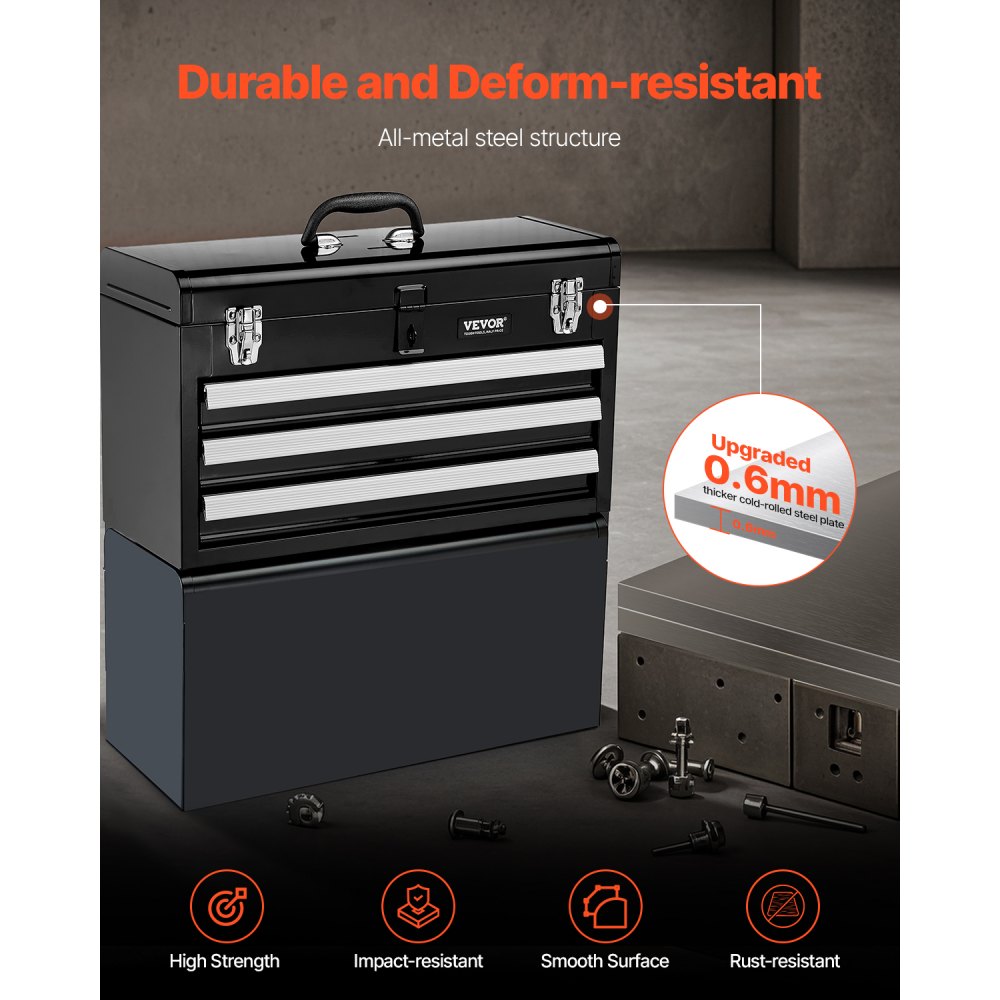 VEVOR Metal Tool Box, 20.5-inch, Portable Metal Tool Box with 3 Drawers, Small Tool Chest with EVA Liners, Ball Bearing Slide Drawers Locking & Powder Coated Finish, Multi-Function Tool Organizer