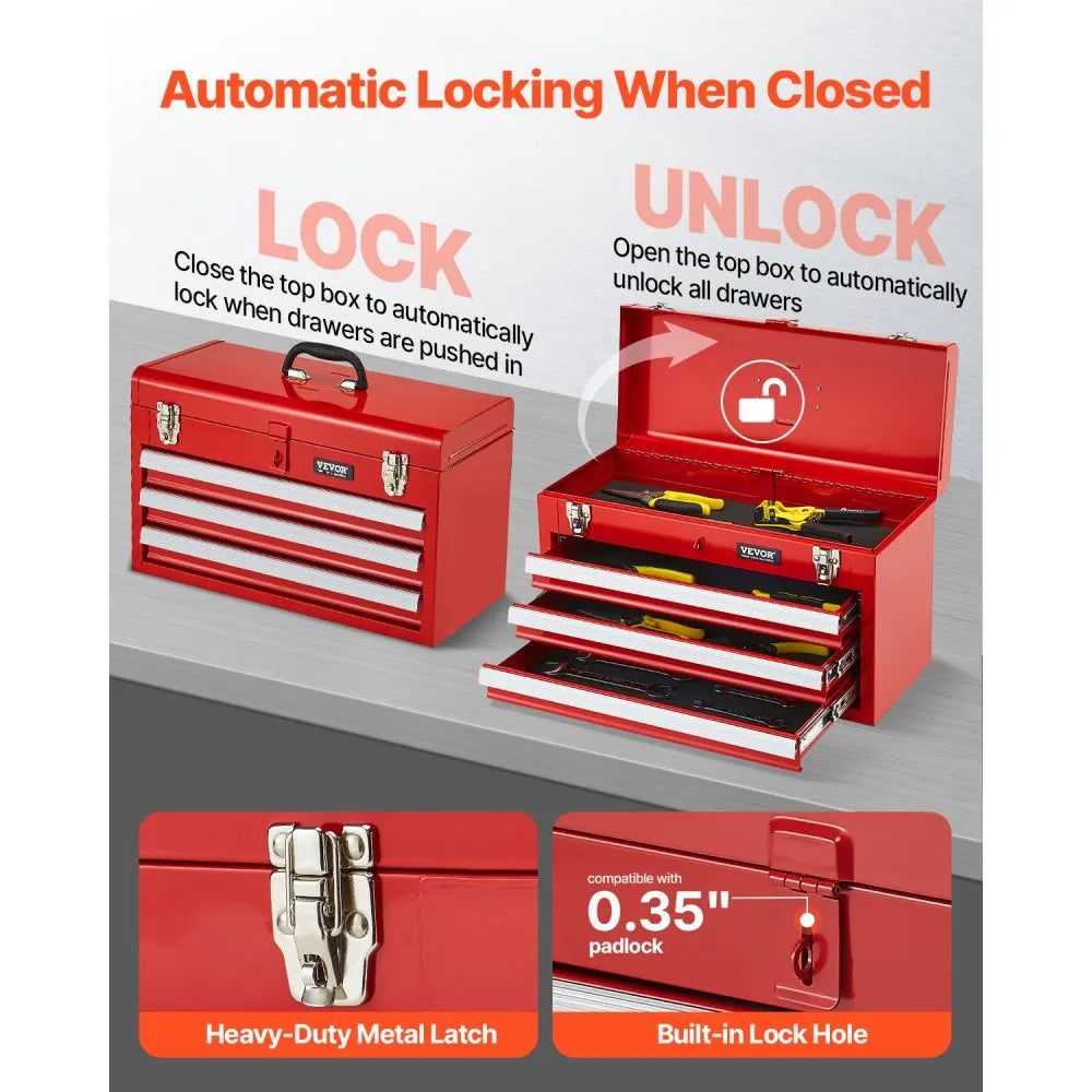 VEVOR Metal Tool Box, 20.5-inch, Portable Metal Tool Box with 3 Drawers, Small Tool Chest with EVA Liners, Ball Bearing Slide Drawers Locking & Powder Coated Finish, Multi-Function Tool Organizer, Red