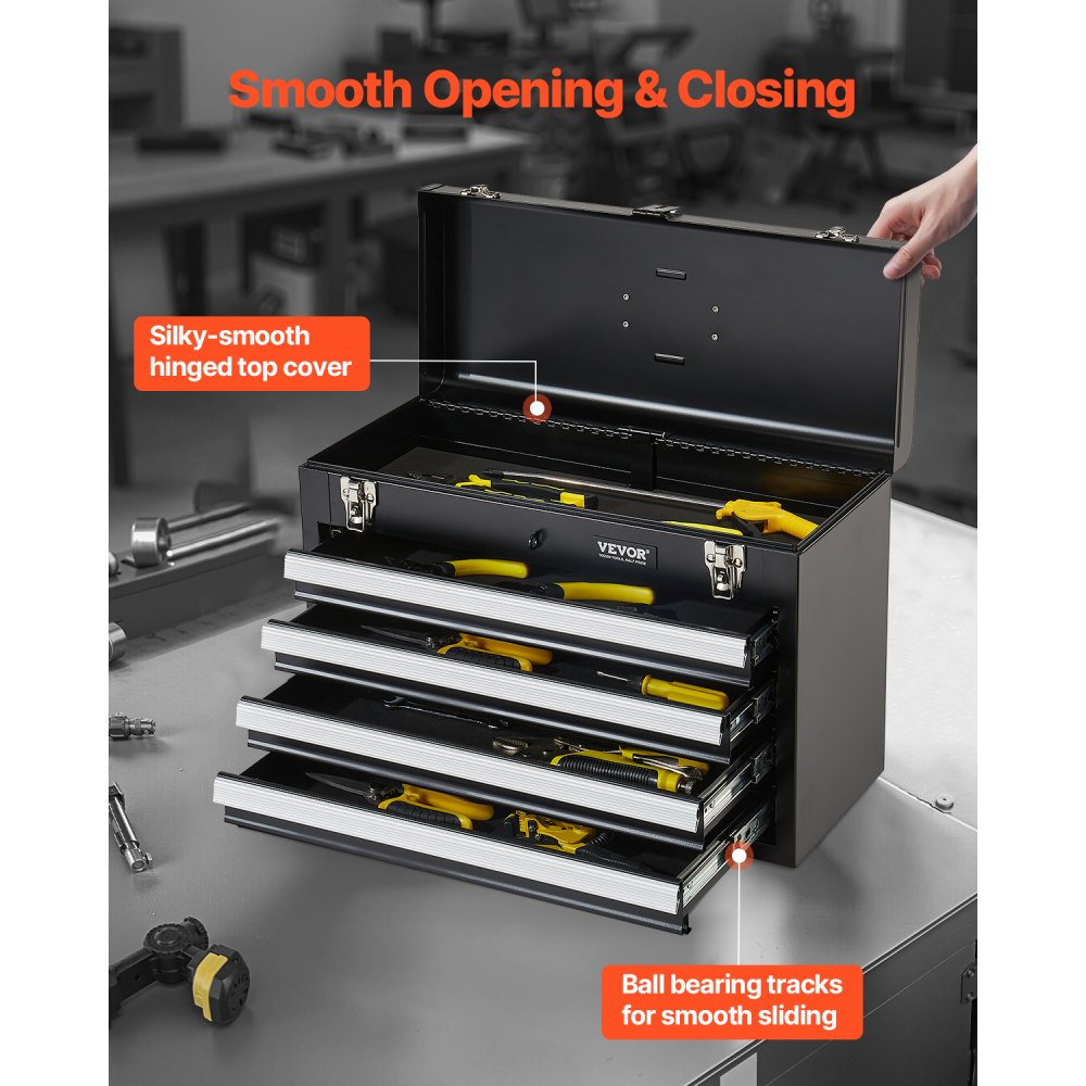 VEVOR Metal Tool Box, 20.5-inch, Portable Metal Tool Box with 4 Drawers, Small Tool Chest with EVA Liners, Ball Bearing Slide Drawers Locking & Powder Coated Finish, Multi-Function Tool Organizer