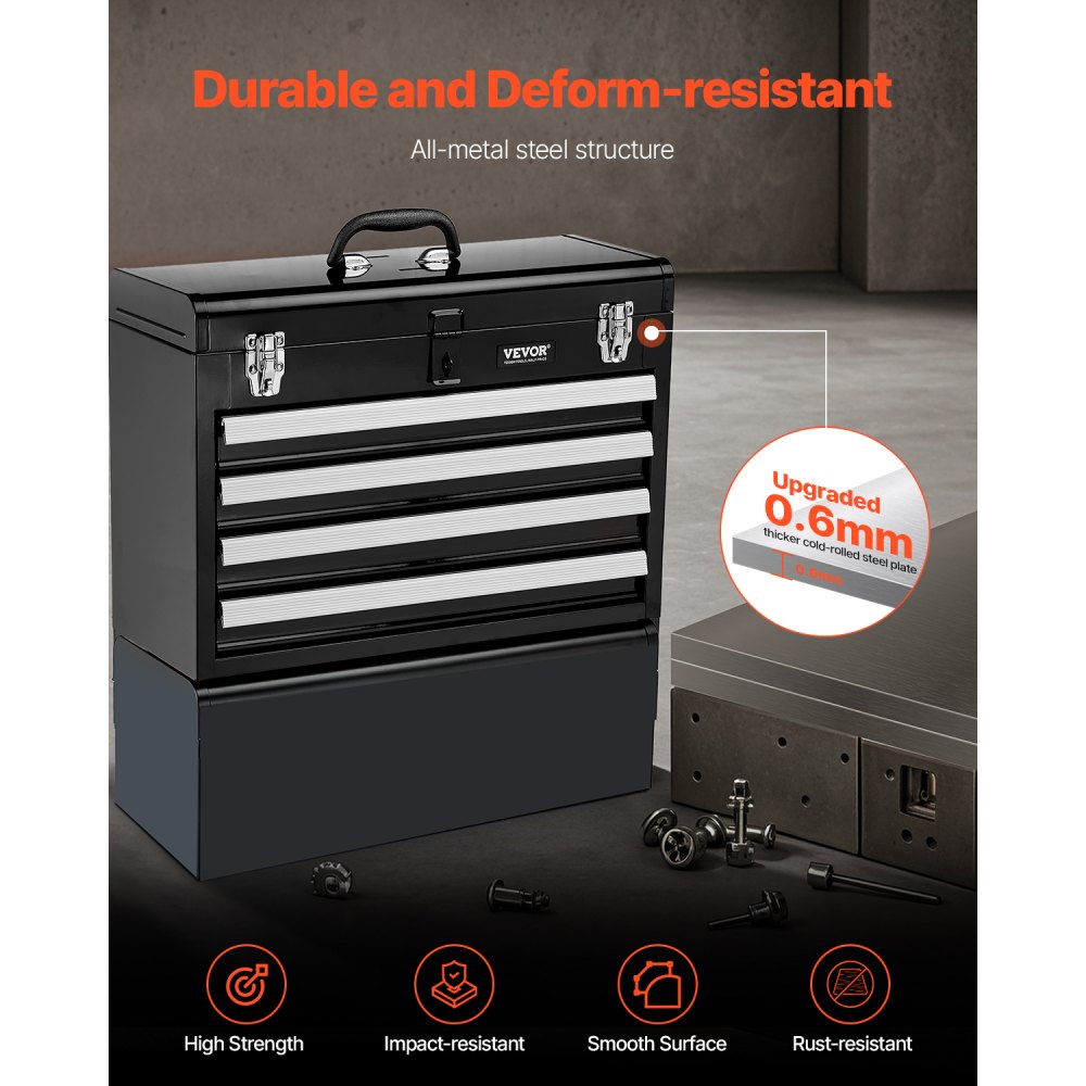 VEVOR Metal Tool Box, 20.5-inch, Portable Metal Tool Box with 4 Drawers, Small Tool Chest with EVA Liners, Ball Bearing Slide Drawers Locking & Powder Coated Finish, Multi-Function Tool Organizer