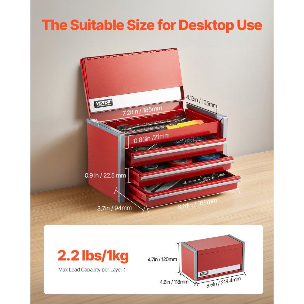 VEVOR Metal Tool Box, 8.6-inch, Portable Metal Tool Box with 3 Drawers, Small Tool Chest with EVA Liners and PP Feet Pads, Heavy-Duty Steel With Ball Bearing Opening and Powder Coated Finish, Red