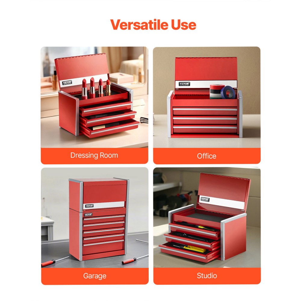 VEVOR Metal Tool Box, 8.6-inch, Portable Metal Tool Box with 3 Drawers, Small Tool Chest with EVA Liners and PP Feet Pads, Heavy-Duty Steel With Ball Bearing Opening and Powder Coated Finish, Red