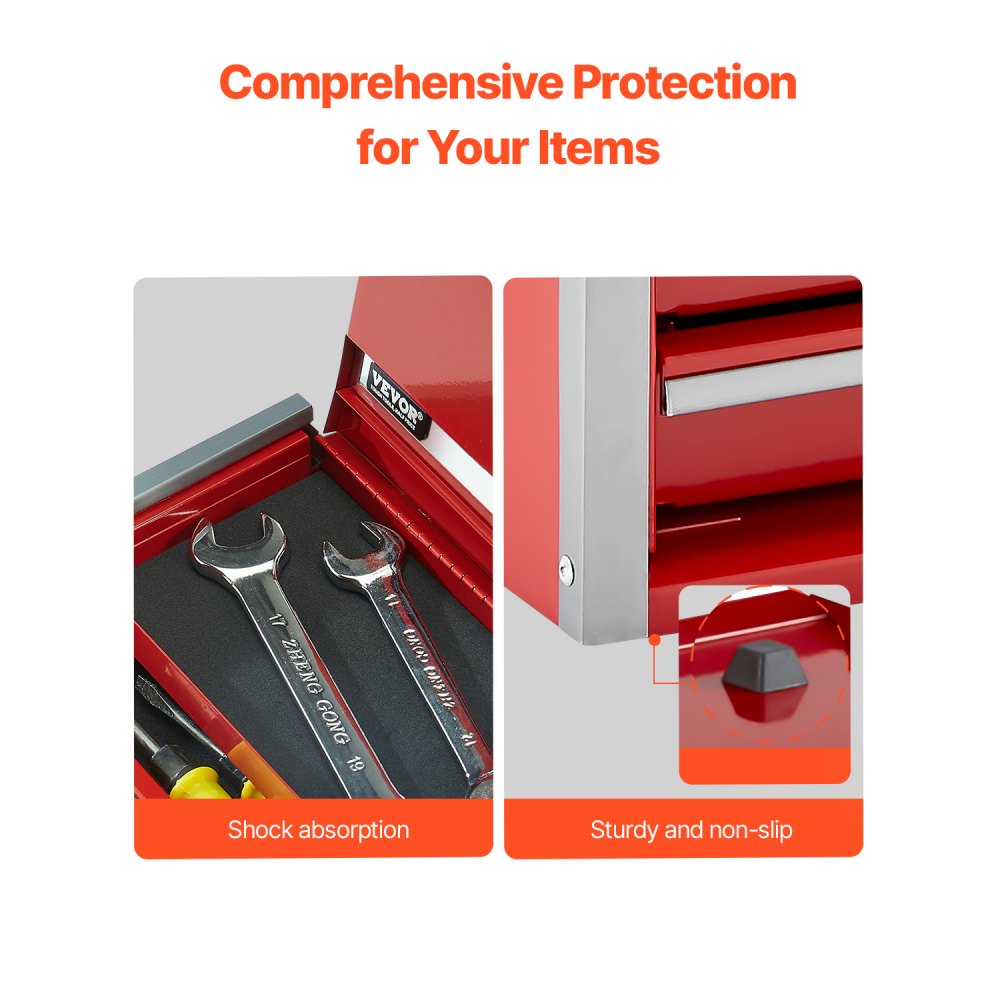 VEVOR Metal Tool Box, 8.6-inch, Portable Metal Tool Box with 3 Drawers, Small Tool Chest with EVA Liners and PP Feet Pads, Heavy-Duty Steel With Ball Bearing Opening and Powder Coated Finish, Red