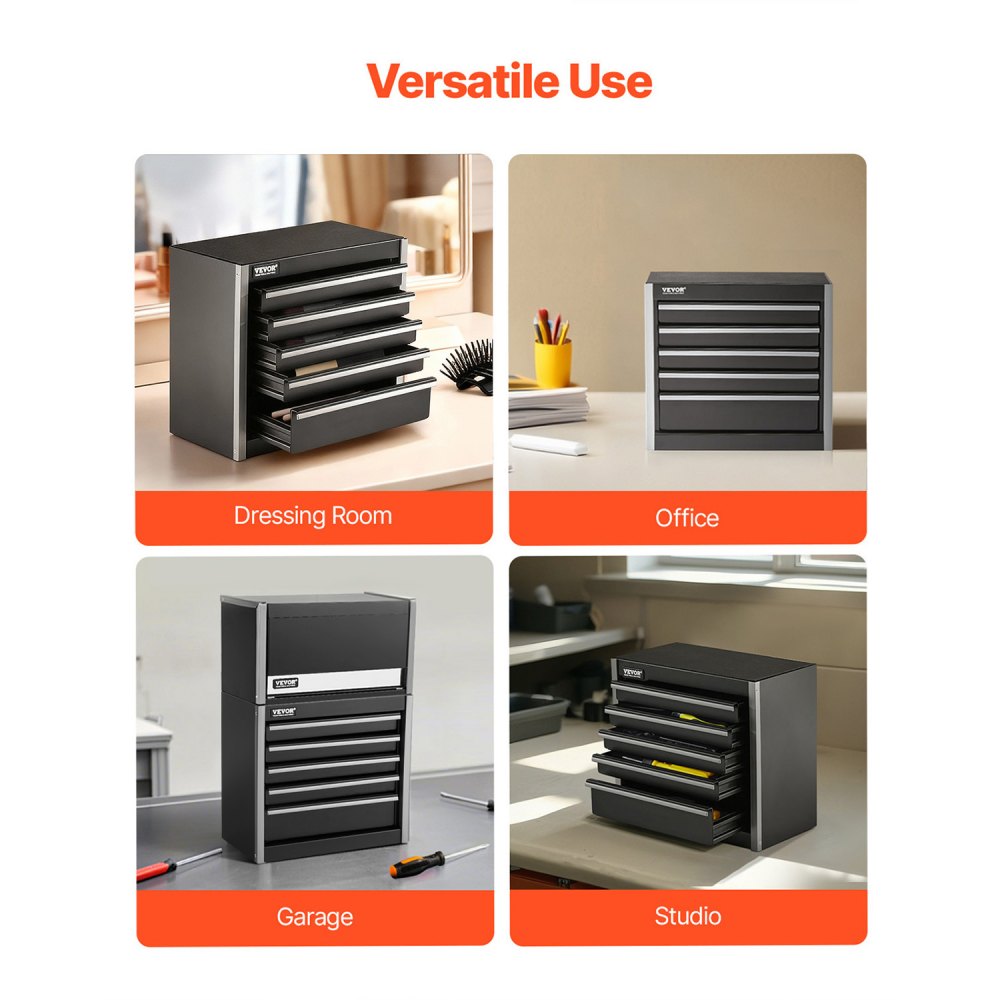 VEVOR Metal Tool Box, 8.6-inch, Portable Metal Tool Box with 5 Drawers, Small Tool Chest with EVA Liners and PP Feet Pads, Heavy-Duty Steel With Ball Bearing Opening and Powder Coated Finish, Black