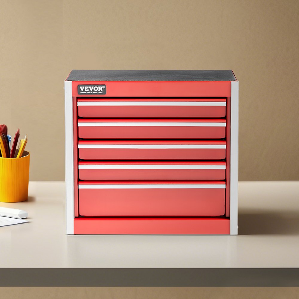 VEVOR Metal Tool Box, 8.6-inch, Portable Metal Tool Box with 5 Drawers, Small Tool Chest with EVA Liners and PP Feet Pads, Heavy-Duty Steel With Ball Bearing Opening and Powder Coated Finish, Red