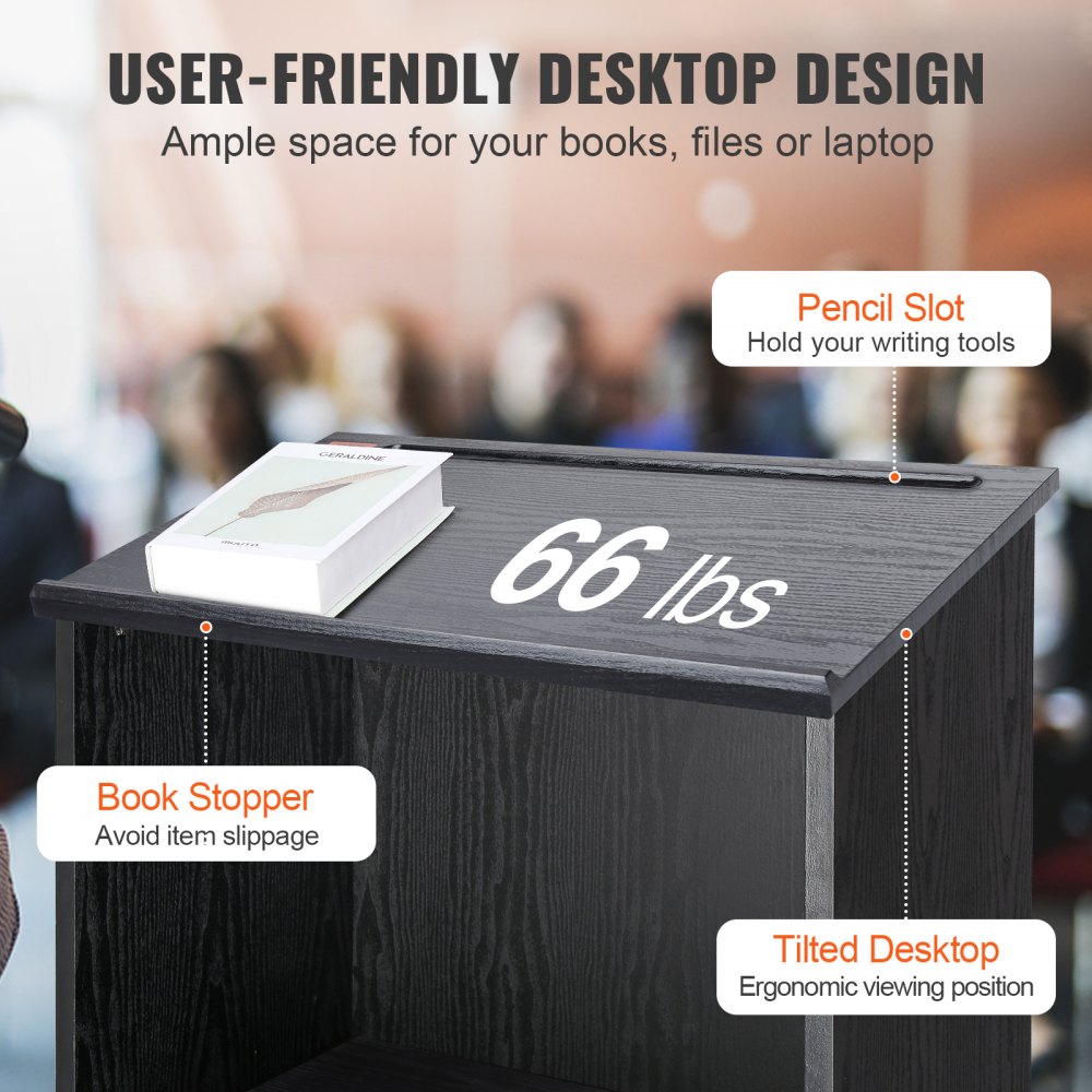 VEVOR Podium Stand, 47 in Hostess Stand with 4 Rolling Wheels, Wood Podium with Storage Shelves, and Slant Desktop, Lecterns & Podiums for Church, Office, School, Home, Black