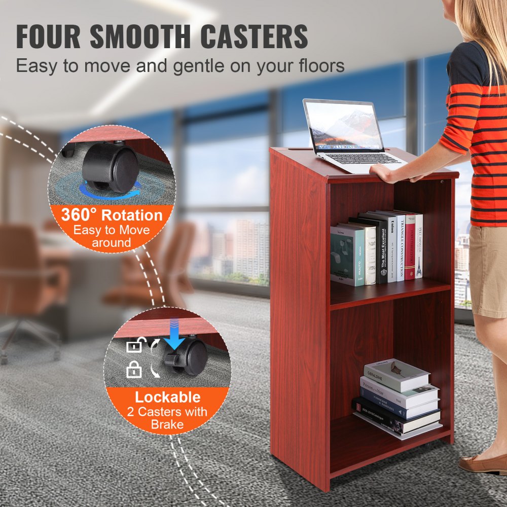 VEVOR Podium Stand, 47 inch Hostess Stand with 4 Rolling Wheels, Wood Podium with Storage Shelves and Slant Desktop, Lecterns & Podiums for Home, Office, School, Church, Brown