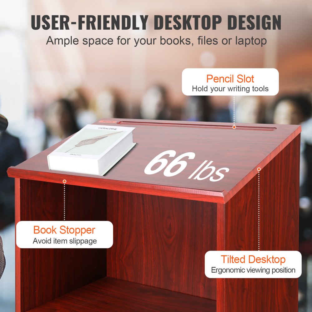 VEVOR Podium Stand, 47 inch Hostess Stand with 4 Rolling Wheels, Wood Podium with Storage Shelves and Slant Desktop, Lecterns & Podiums for Home, Office, School, Church, Brown