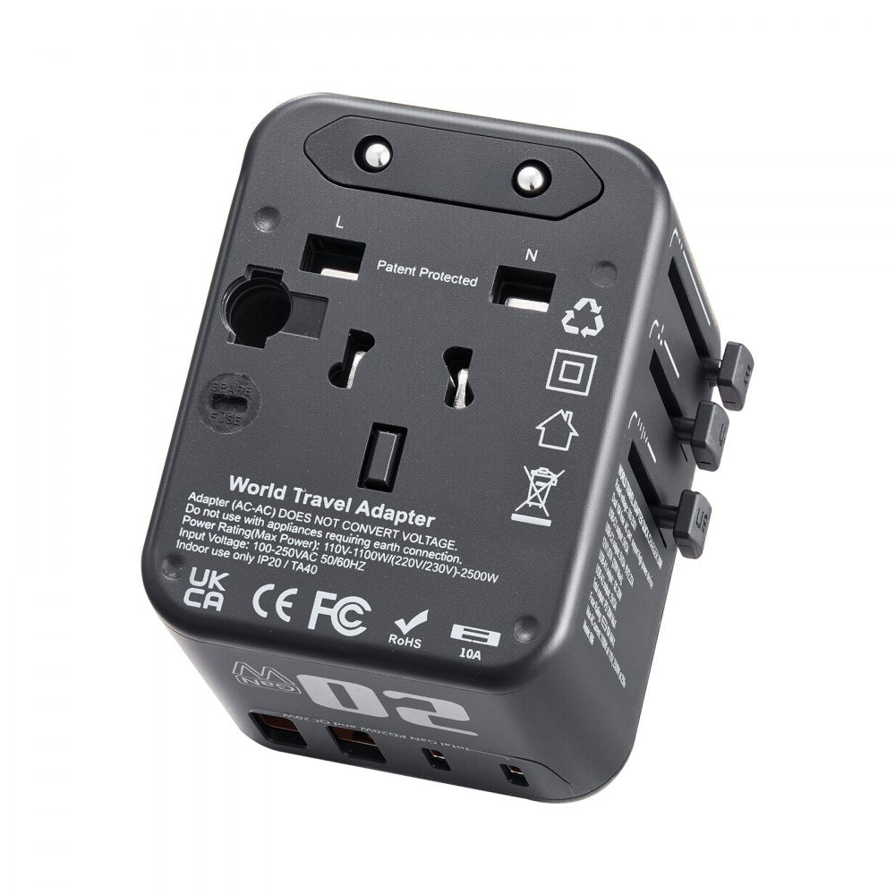 VEVOR Universal Travel Adapter, 5-in-1, International European Power Adapter with 2 USB-C, 2 USB-A Ports, 1 AC Outlet, 4 Different Plugs, Worldwide Plug Adaptor Wall Charger, for Europe UK EU AUS USA