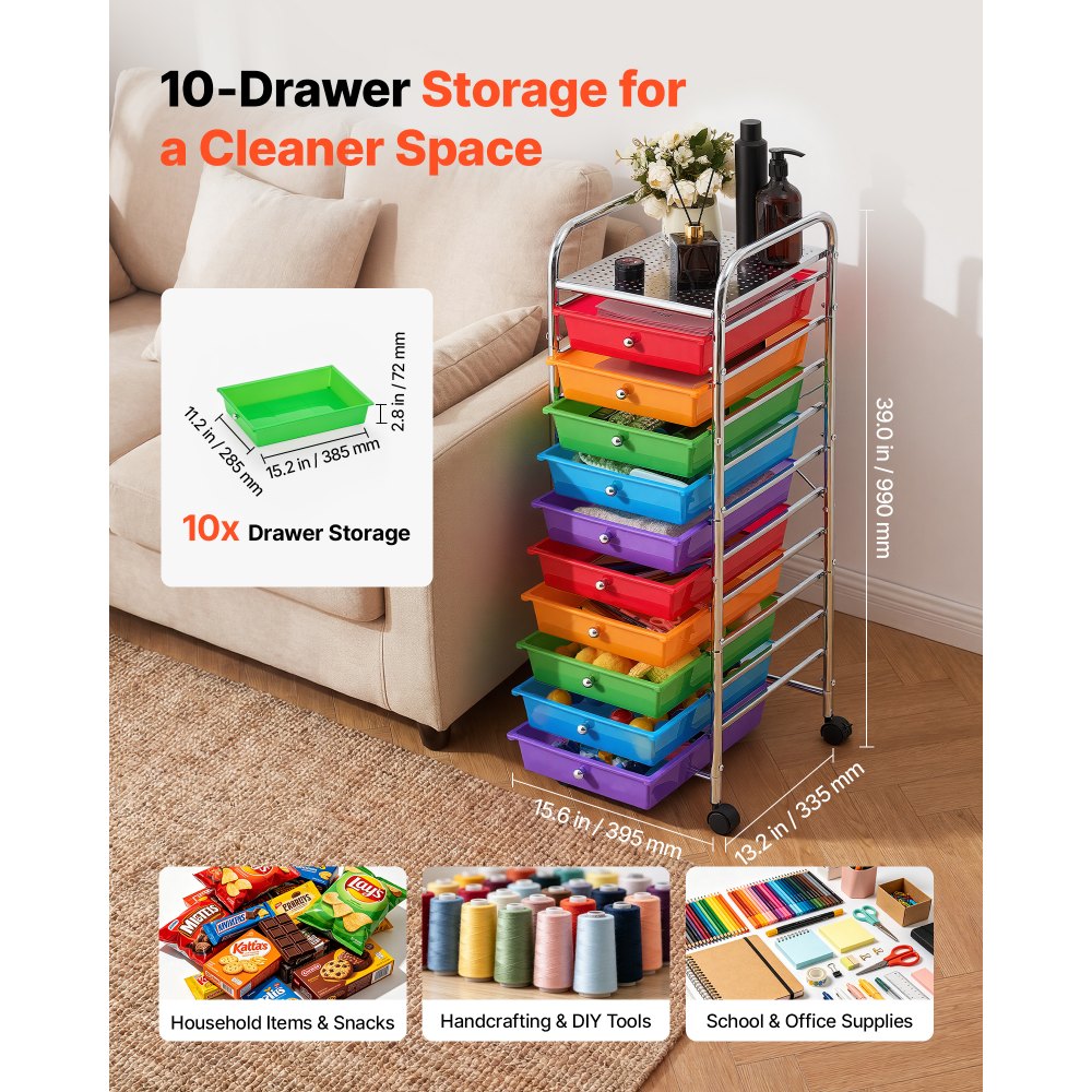 VEVOR Rolling Cart with Drawers, 10 Drawer Storage Organizer, Mobile Utility Cart with Steel Frame, Universal Casters & 2 Brakes, Great for Office, Classroom, Craft Tools, Garage, Studio, Rainbow