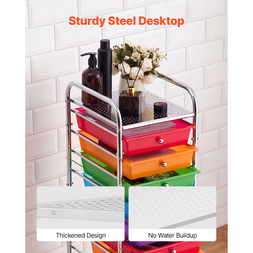 VEVOR Rolling Cart with Drawers, 10 Drawer Storage Organizer, Mobile Utility Cart with Steel Frame, Universal Casters & 2 Brakes, Great for Office, Classroom, Craft Tools, Garage, Studio, Rainbow
