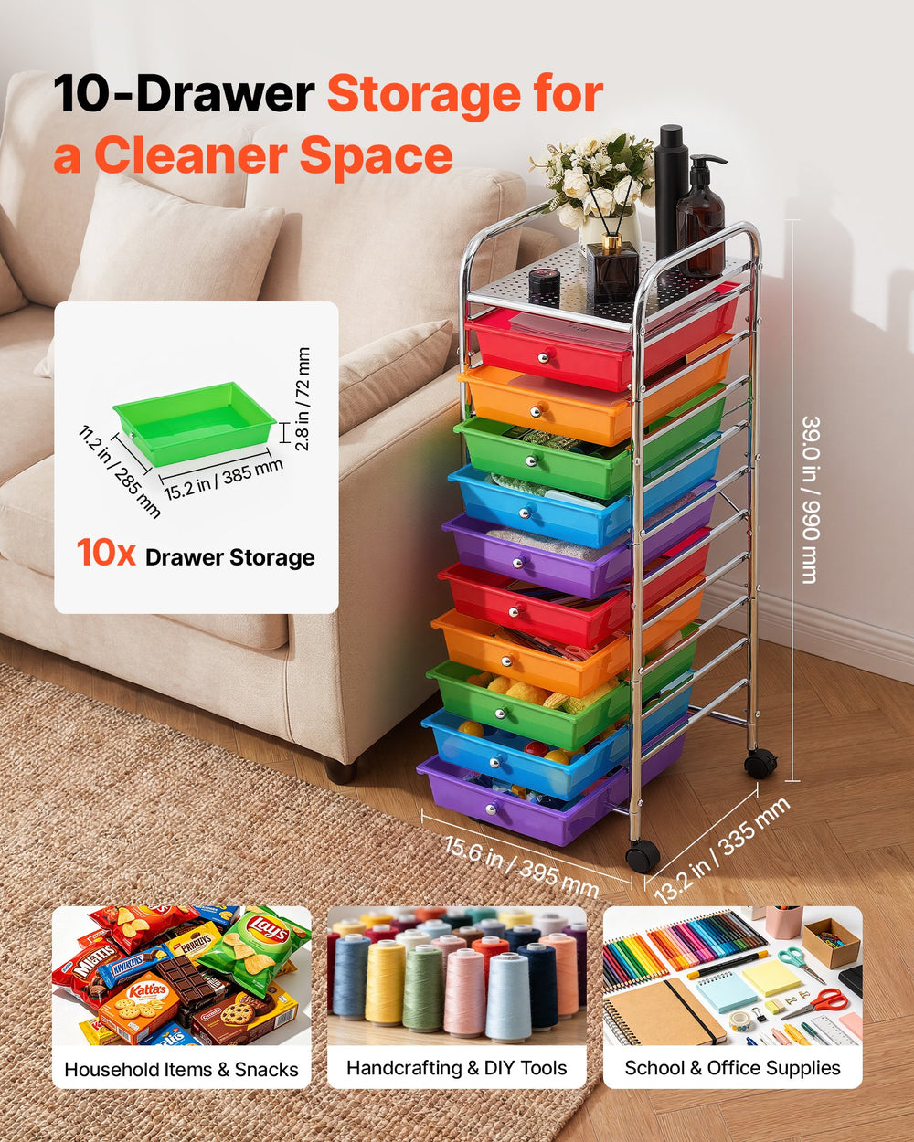 VEVOR Rolling Cart with Drawers, 10 Drawer Storage Organizer, Mobile Utility Cart with Steel Frame, Universal Casters & 2 Brakes, Great for Office, Classroom, Craft Tools, Garage, Studio, Rainbow