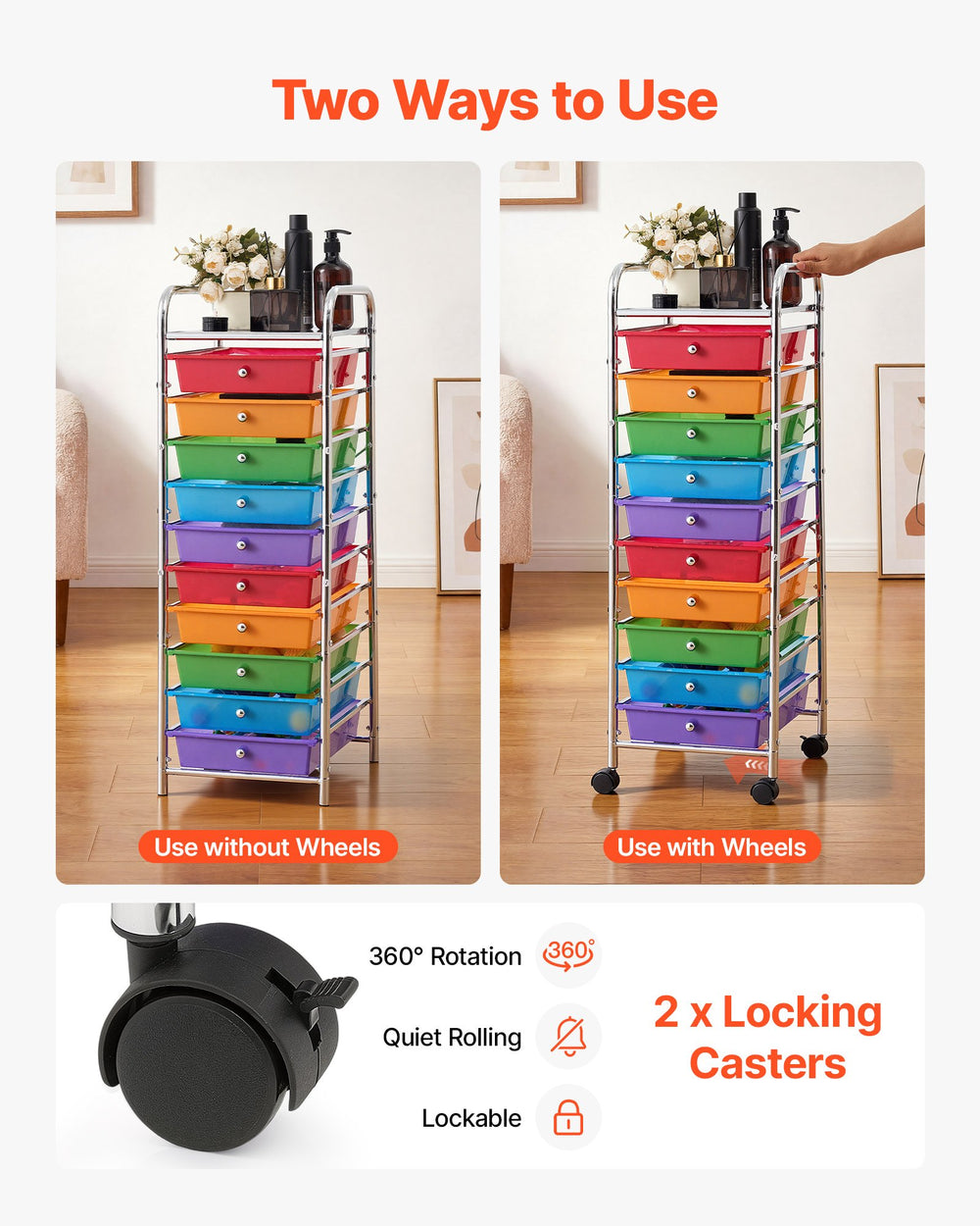 VEVOR Rolling Cart with Drawers, 10 Drawer Storage Organizer, Mobile Utility Cart with Steel Frame, Universal Casters & 2 Brakes, Great for Office, Classroom, Craft Tools, Garage, Studio, Rainbow