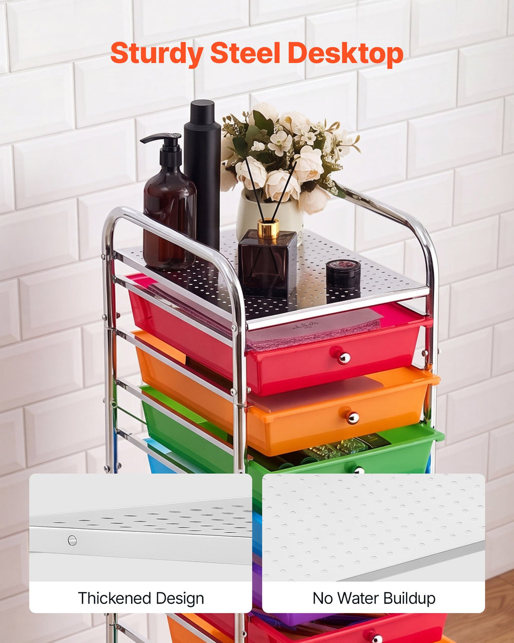 VEVOR Rolling Cart with Drawers, 10 Drawer Storage Organizer, Mobile Utility Cart with Steel Frame, Universal Casters & 2 Brakes, Great for Office, Classroom, Craft Tools, Garage, Studio, Rainbow
