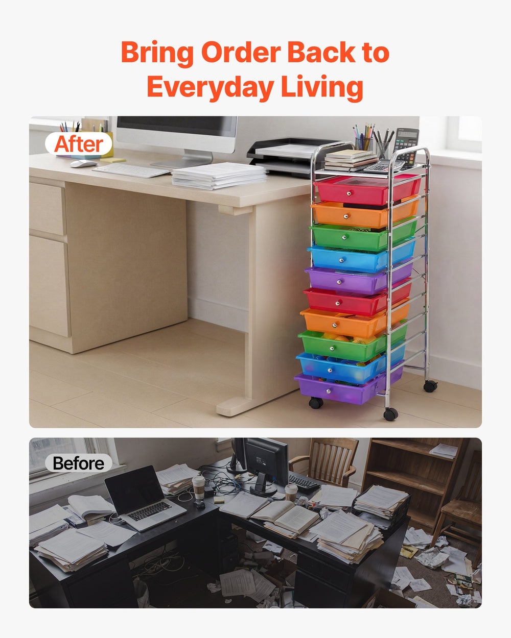 VEVOR Rolling Cart with Drawers, 10 Drawer Storage Organizer, Mobile Utility Cart with Steel Frame, Universal Casters & 2 Brakes, Great for Office, Classroom, Craft Tools, Garage, Studio, Rainbow