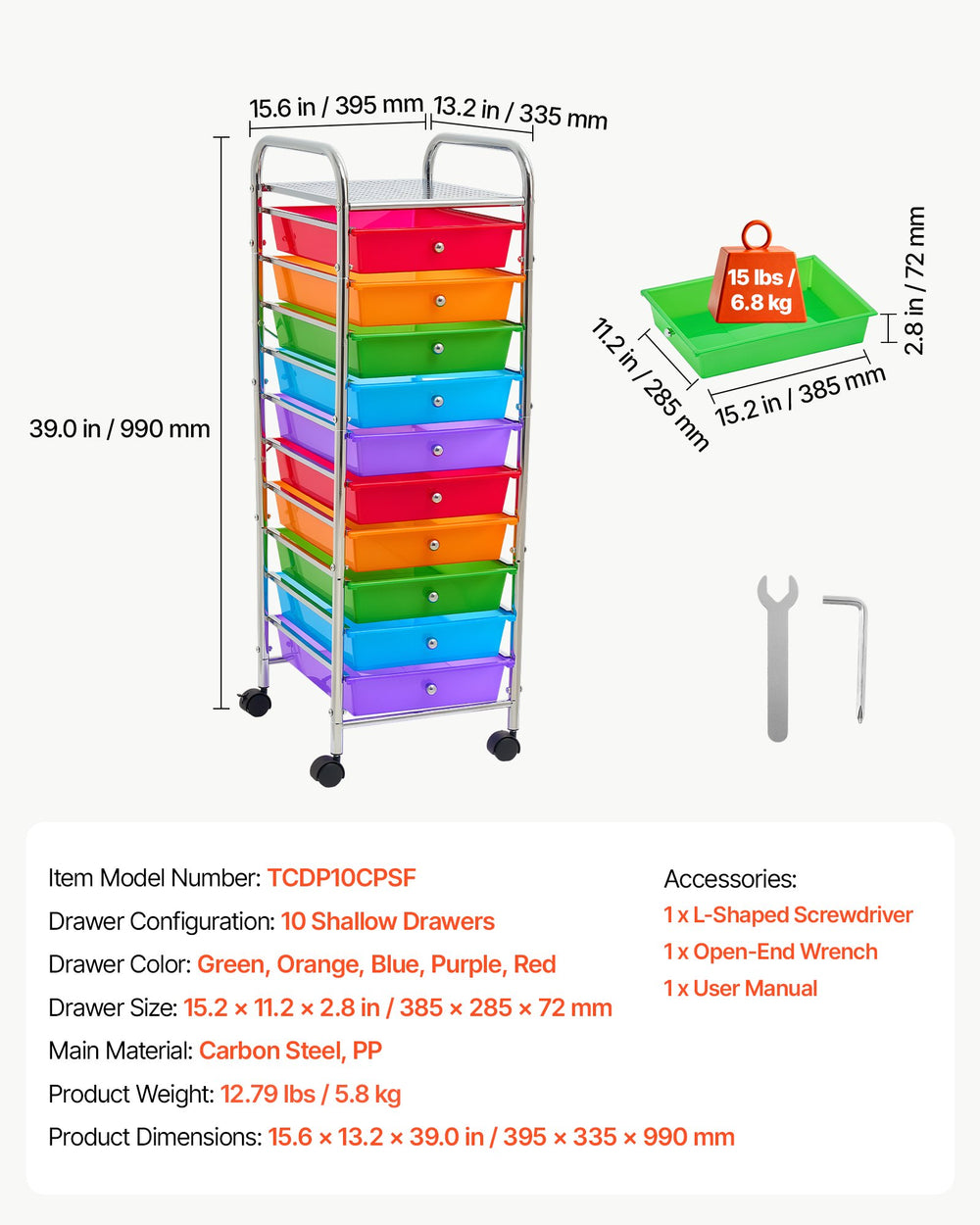 VEVOR Rolling Cart with Drawers, 10 Drawer Storage Organizer, Mobile Utility Cart with Steel Frame, Universal Casters & 2 Brakes, Great for Office, Classroom, Craft Tools, Garage, Studio, Rainbow