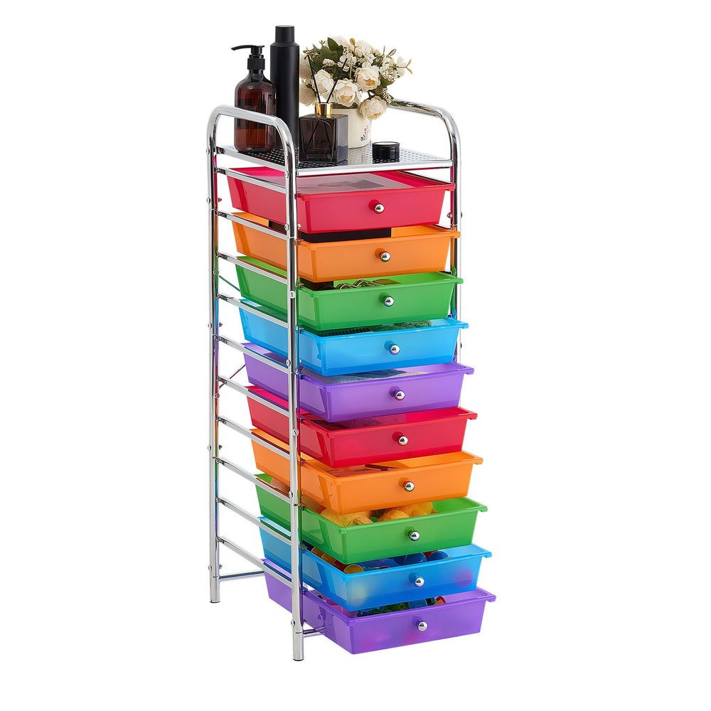 VEVOR Rolling Cart with Drawers, 10 Drawer Storage Organizer, Mobile Utility Cart with Steel Frame, Universal Casters & 2 Brakes, Great for Office, Classroom, Craft Tools, Garage, Studio, Rainbow
