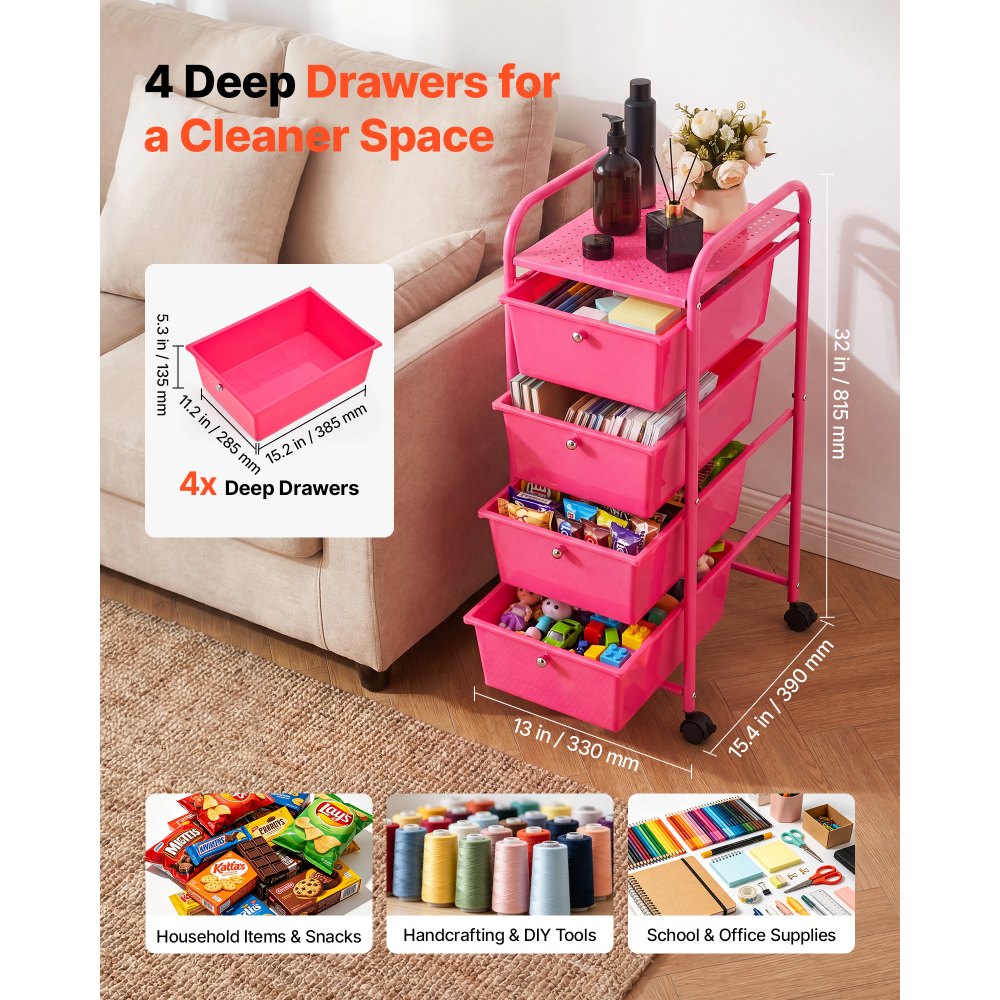 VEVOR Rolling Cart with Drawers, 4 Drawer Storage Organizer, Mobile Utility Cart with Steel Frame, Universal Casters & 2 Brakes, for Office, Classroom, Craft Tools, Garage, Cleaning Supplies, Rose Red