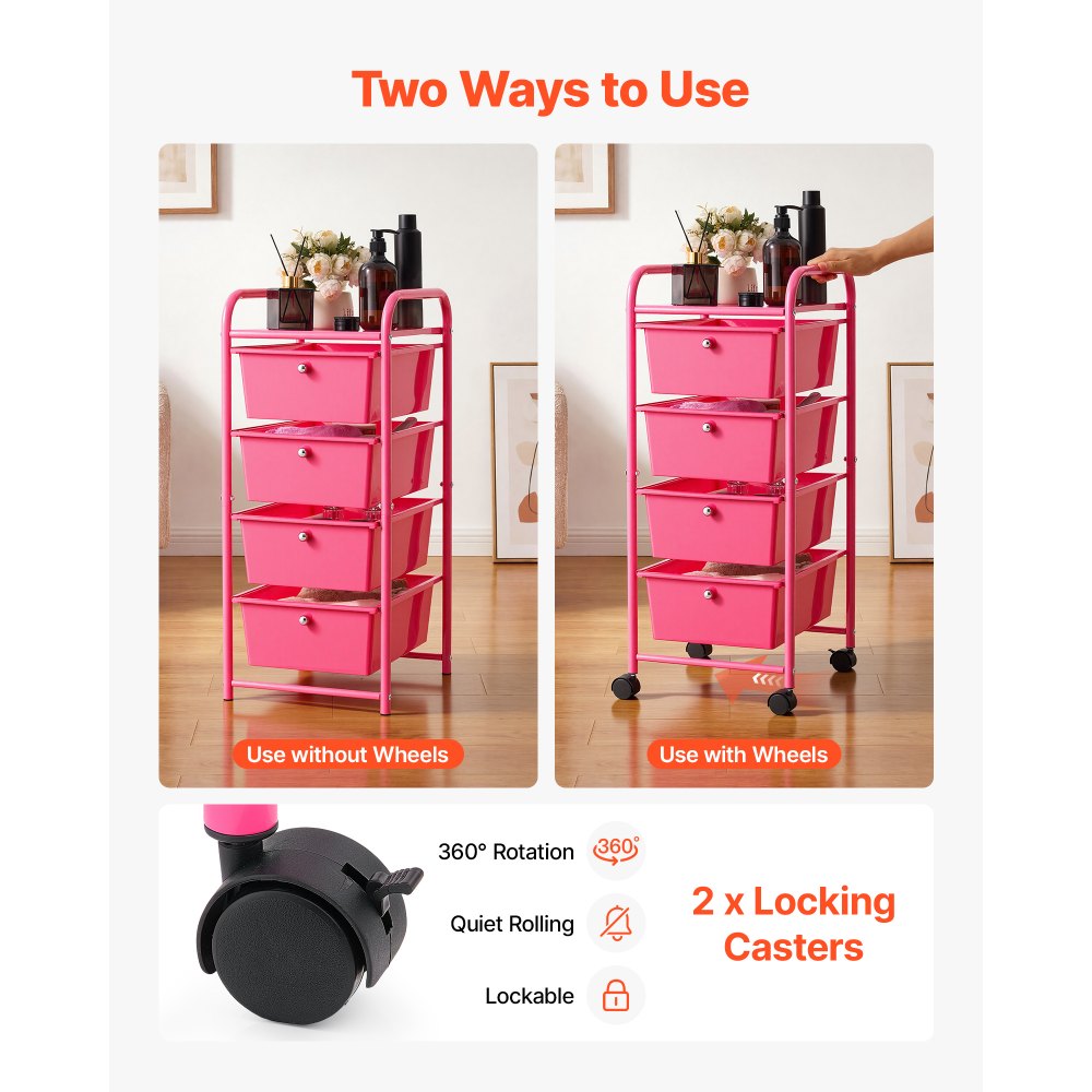 VEVOR Rolling Cart with Drawers, 4 Drawer Storage Organizer, Mobile Utility Cart with Steel Frame, Universal Casters & 2 Brakes, for Office, Classroom, Craft Tools, Garage, Cleaning Supplies, Rose Red