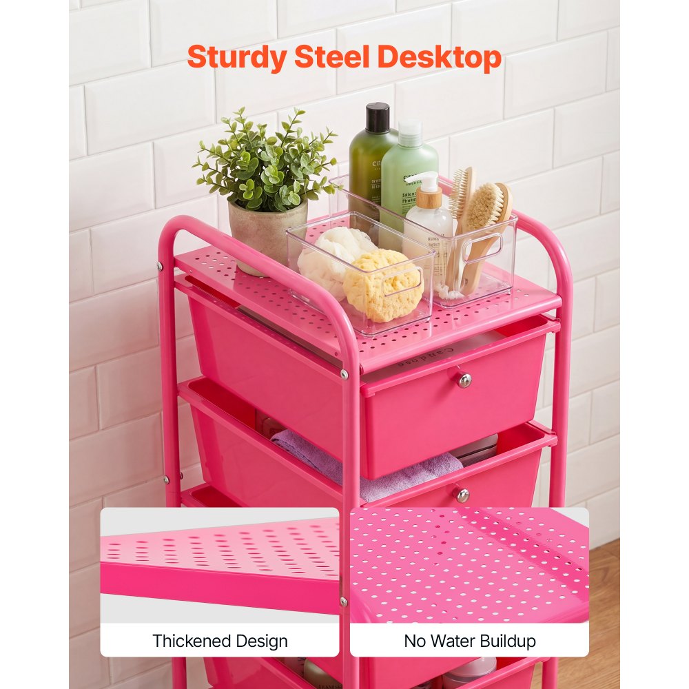 VEVOR Rolling Cart with Drawers, 4 Drawer Storage Organizer, Mobile Utility Cart with Steel Frame, Universal Casters & 2 Brakes, for Office, Classroom, Craft Tools, Garage, Cleaning Supplies, Rose Red