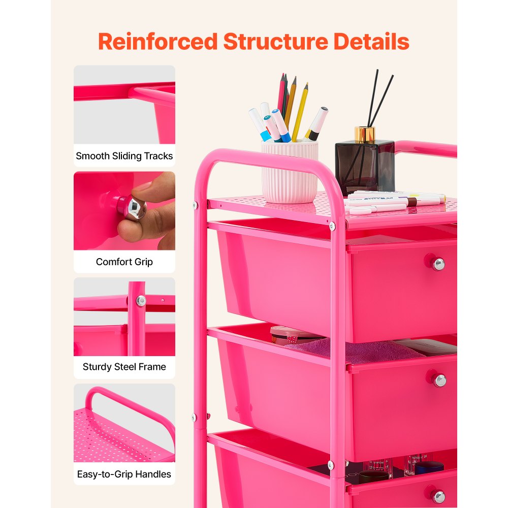 VEVOR Rolling Cart with Drawers, 4 Drawer Storage Organizer, Mobile Utility Cart with Steel Frame, Universal Casters & 2 Brakes, for Office, Classroom, Craft Tools, Garage, Cleaning Supplies, Rose Red