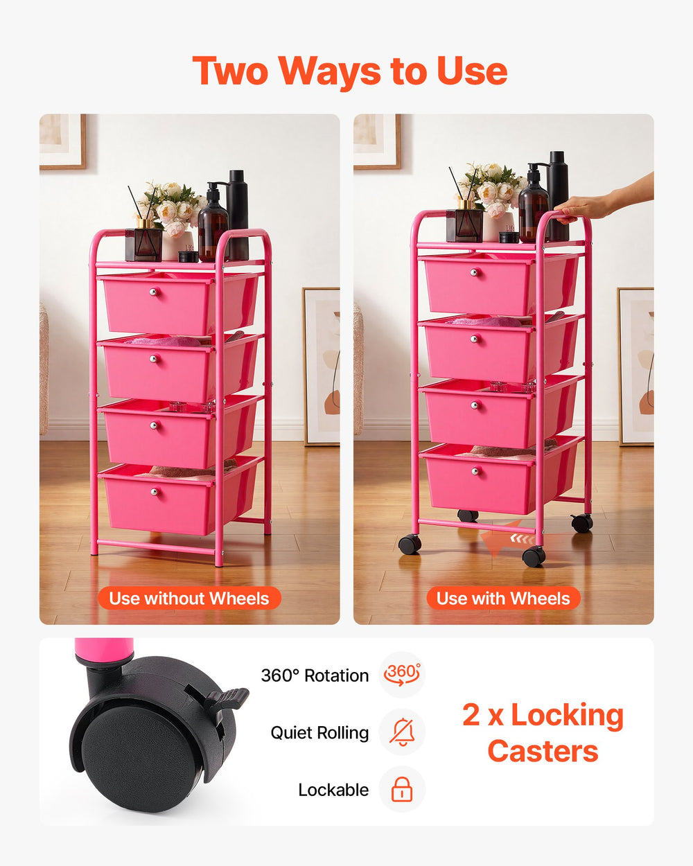 VEVOR Rolling Cart with Drawers, 4 Drawer Storage Organizer, Mobile Utility Cart with Steel Frame, Universal Casters & 2 Brakes, for Office, Classroom, Craft Tools, Garage, Cleaning Supplies, Rose Red