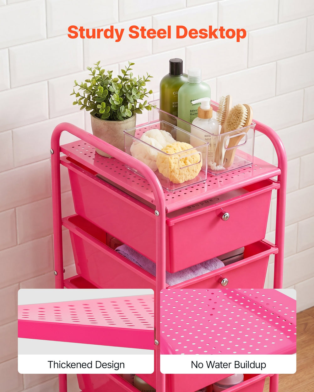 VEVOR Rolling Cart with Drawers, 4 Drawer Storage Organizer, Mobile Utility Cart with Steel Frame, Universal Casters & 2 Brakes, for Office, Classroom, Craft Tools, Garage, Cleaning Supplies, Rose Red