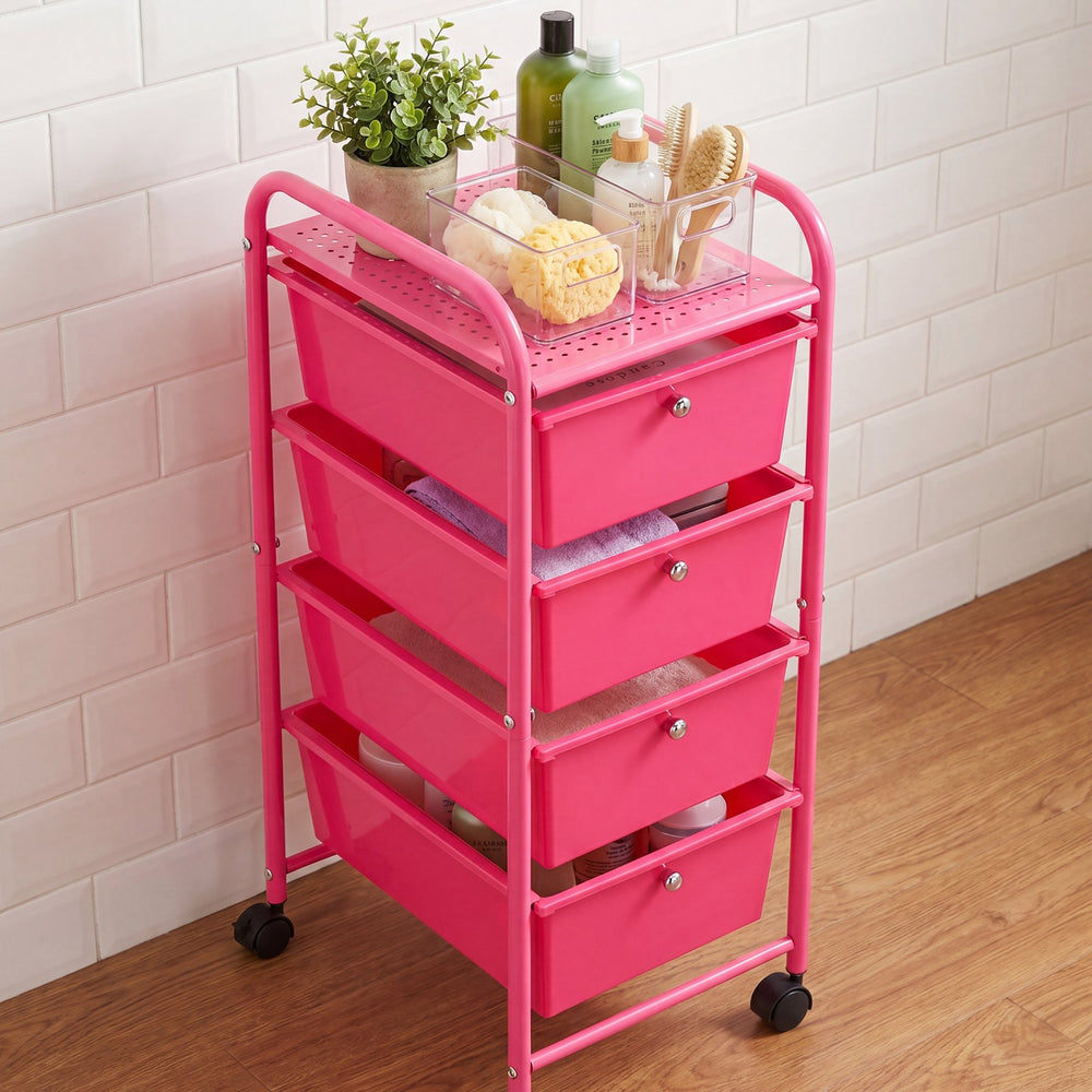 VEVOR Rolling Cart with Drawers, 4 Drawer Storage Organizer, Mobile Utility Cart with Steel Frame, Universal Casters & 2 Brakes, for Office, Classroom, Craft Tools, Garage, Cleaning Supplies, Rose Red