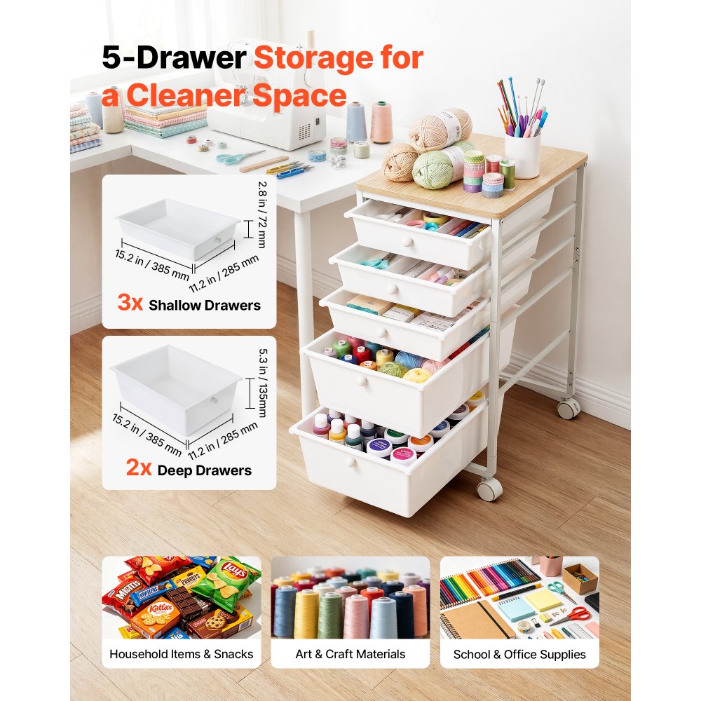 VEVOR Rolling Cart with Drawers, 5 Drawer Storage Organizer, Mobile Utility Cart with Wood Top, Steel Frame, Universal Casters & 2 Brakes, for Office, Classroom, Craft Supplies, Bedroom, Makeup, White