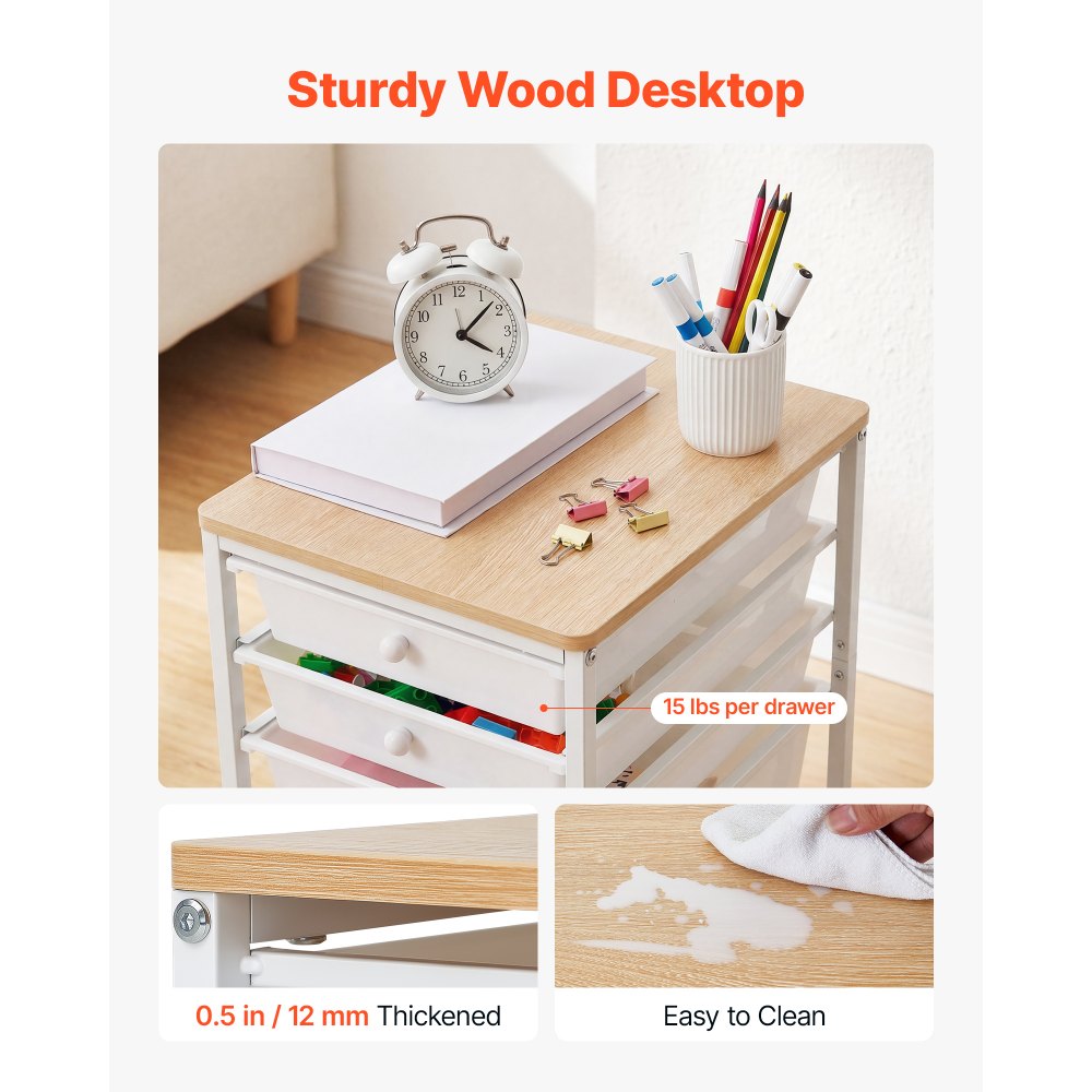 VEVOR Rolling Cart with Drawers, 5 Drawer Storage Organizer, Mobile Utility Cart with Wood Top, Steel Frame, Universal Casters & 2 Brakes, for Office, Classroom, Craft Supplies, Bedroom, Makeup, White