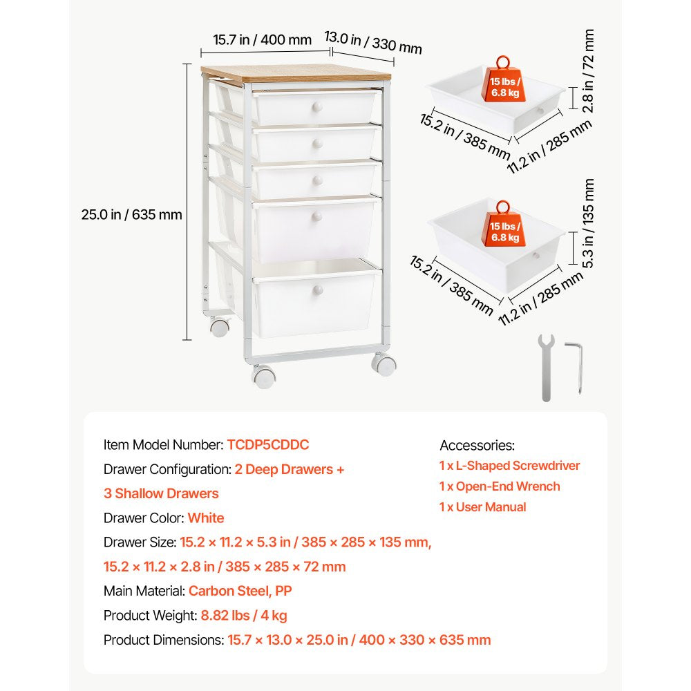 VEVOR Rolling Cart with Drawers, 5 Drawer Storage Organizer, Mobile Utility Cart with Wood Top, Steel Frame, Universal Casters & 2 Brakes, for Office, Classroom, Craft Supplies, Bedroom, Makeup, White