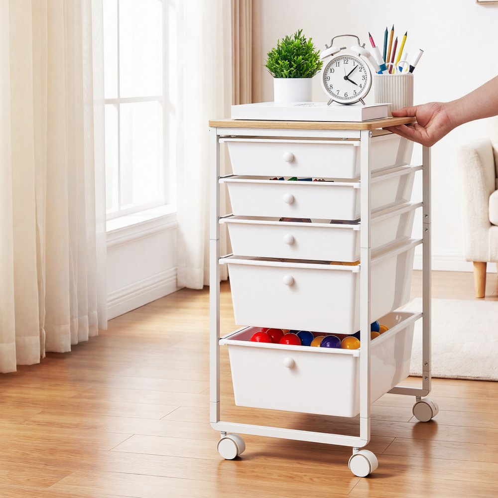 VEVOR Rolling Cart with Drawers, 5 Drawer Storage Organizer, Mobile Utility Cart with Wood Top, Steel Frame, Universal Casters & 2 Brakes, for Office, Classroom, Craft Supplies, Bedroom, Makeup, White